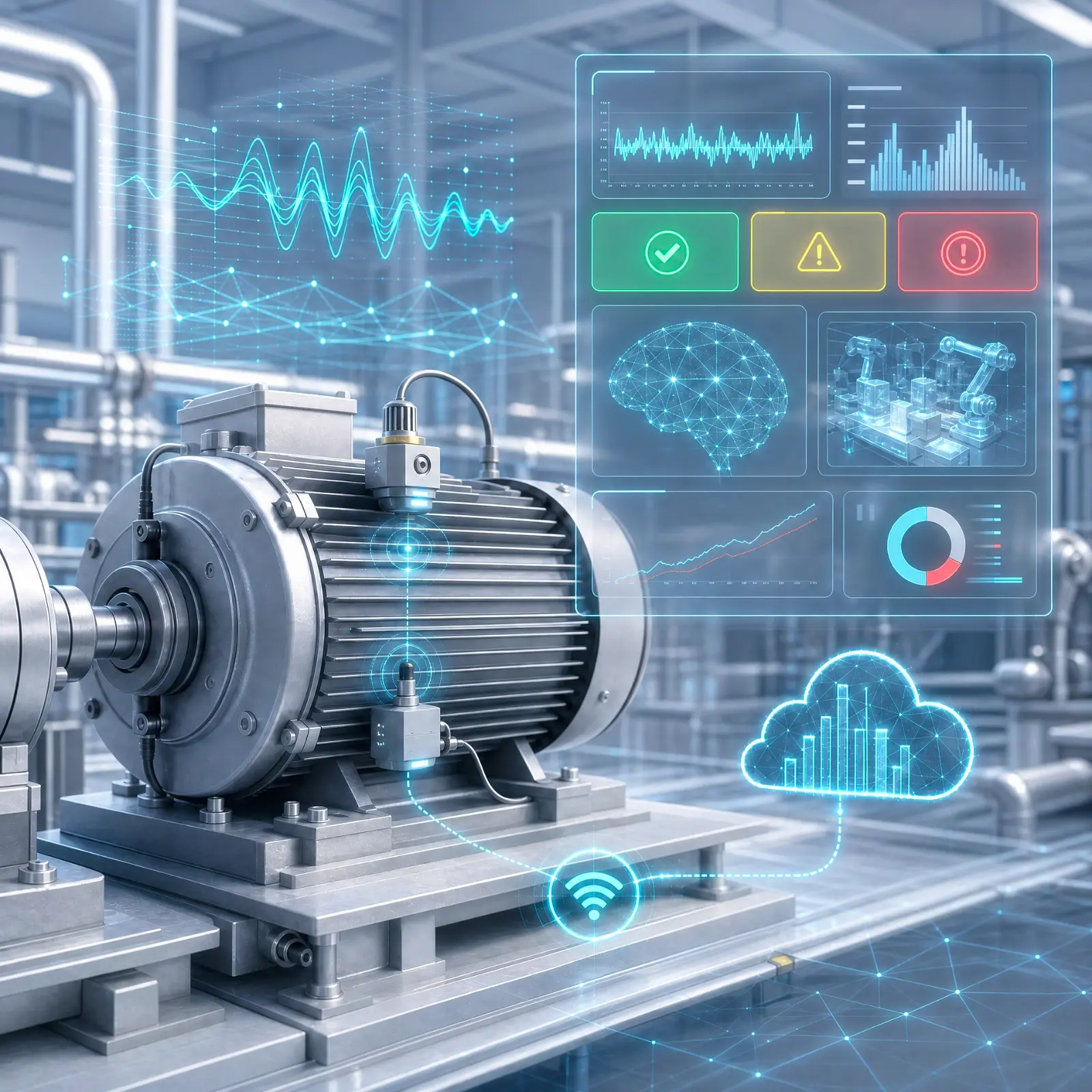 Motor industrial con sensores IoT enviando datos a un dashboard de monitoreo predictivo en la nube
